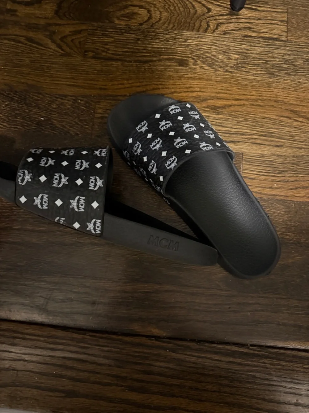 MCM Black Logo Slide Sandals for Kids with White Monogram